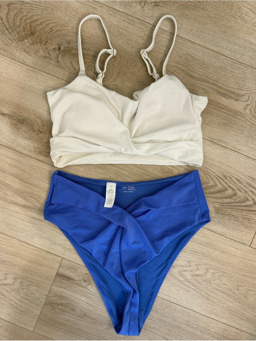 Aerie Crinkle Bikini Set White Top Blue High Waisted Bottoms Textured Size L